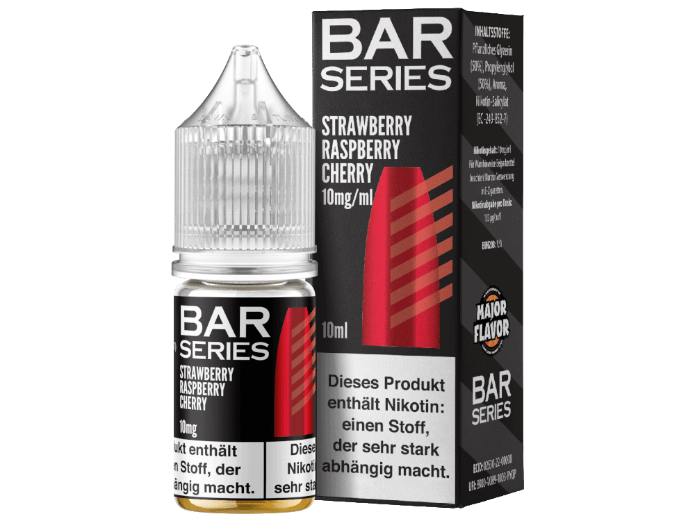 Bar Series - Strawberry Raspberry Cherry - Nikotinsalz Liquid 1 Strawberry Raspberry Cherry E-Liquid Flasche und Verpackung, with 10mg/ml Nikotin, für E-Zigaretten, aromatisiert, benutzerfreundlich.