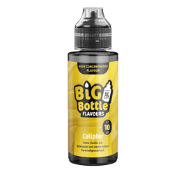 Schwarze Flasche mit gelbem Etikett für Big Bottle Flavours Calipter, 10 ml, Vanille mit Erdnüssen, Karamellgeschmack.