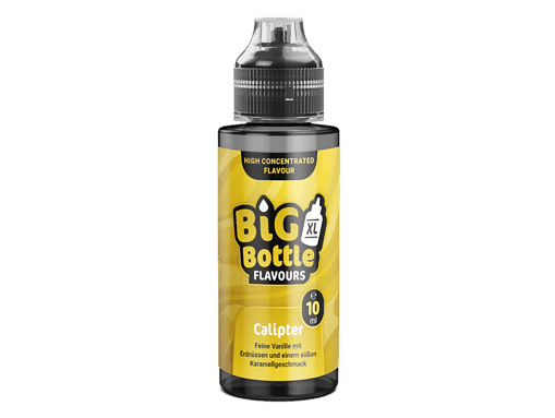 Schwarze Flasche mit gelbem Etikett für Big Bottle Flavours Calipter, 10 ml, Vanille mit Erdnüssen, Karamellgeschmack.