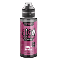 Big Bottle Flavours Happy Berries E-Liquid, 10ml, süße Waldbeeren Geschmack, für E-Zigaretten, nikotinfrei, intensive Frische, ideal für Dampfer, pinkes Design.