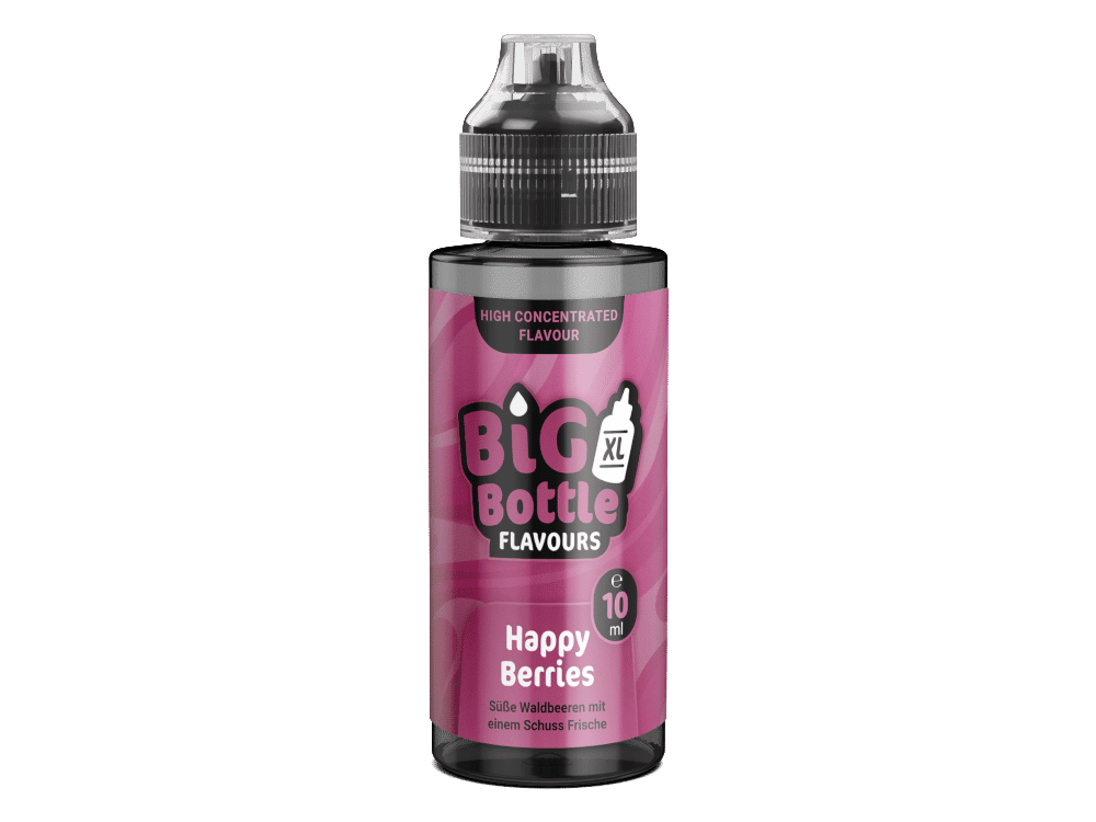 Big Bottle Happy Berries 10ml 1 Big Bottle Flavours Happy Berries E-Liquid, 10ml, süße Waldbeeren Geschmack, für E-Zigaretten, nikotinfrei, intensive Frische, ideal für Dampfer, pinkes Design.