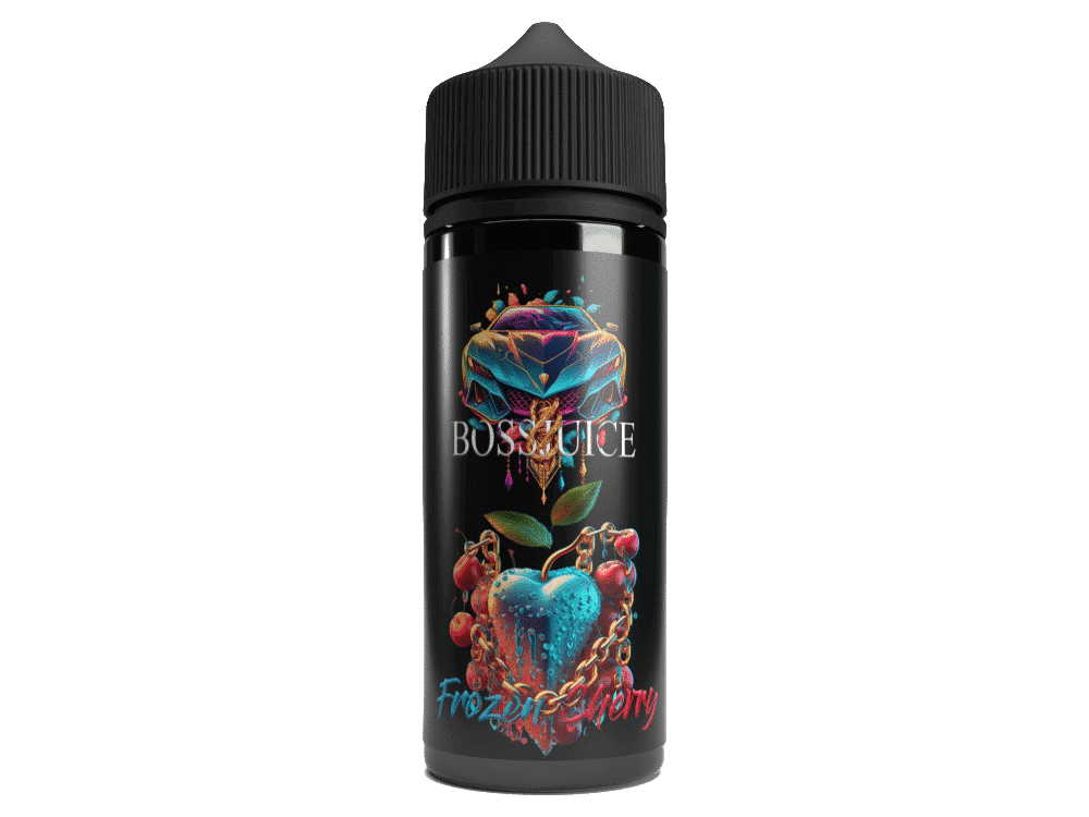 Boss Juice - Aroma Frozen Cherry 1 Leere Vape-Flasche mit Fantasy-Design, digitales Kunstwerk, bunte Details, für E-Zigaretten, auf grauem Hintergrund.