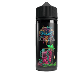 Geladener E-Liquid Flasche, Boss Juice Pink Lemonade VAPE, auffälliges Design mit stilisiertem Lamborghini, pinker Limonade und grünen Minzblättern, für E-Zigaretten, 60ml, trendy Vape-Produkt.