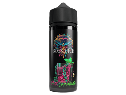 Geladener E-Liquid Flasche, Boss Juice Pink Lemonade VAPE, auffälliges Design mit stilisiertem Lamborghini, pinker Limonade und grünen Minzblättern, für E-Zigaretten, 60ml, trendy Vape-Produkt.