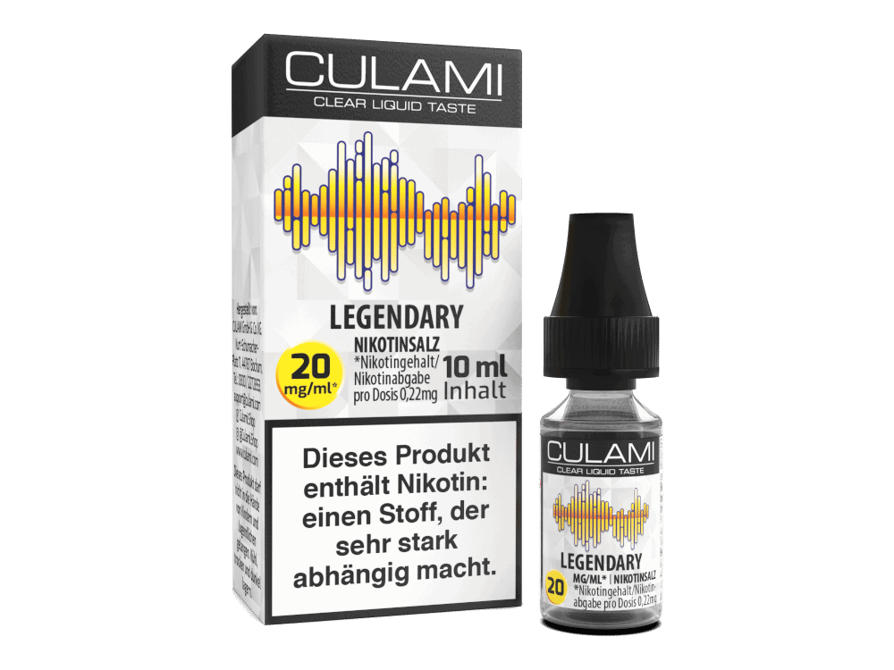 Culami Legendary Nikotinsalz Liquid 1 Culami Legendary Nikotinsalz - 20 mg/ml, 10 ml Flasche, für intensives Dampfen mit Nikotin, aromatischer Liquid Geschmack.