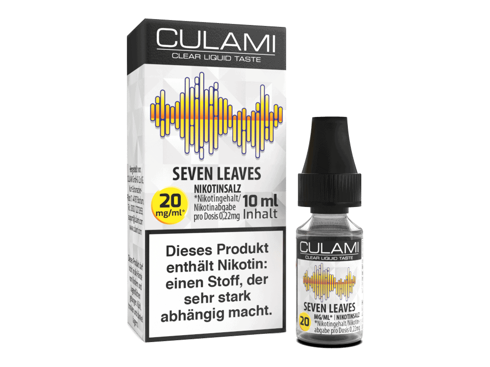 Culami Seven Leaves Nikotinsalz Liquid 1 Ergänztes Bild mit Nikotinliquid "Seven Leaves" im 10 ml Fläschchen und Verpackung, ideal für E-Zigaretten.