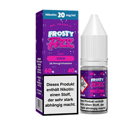 Atemberaubendes Bild des Vape-Produkte Frosty Fizz VIMO mit Flasche und Verpackung, in lila, blau und weiß gestaltet, inklusive Warnhinweis auf Nikotinabhängigkeit, ideal für E-Zigaretten Fans.