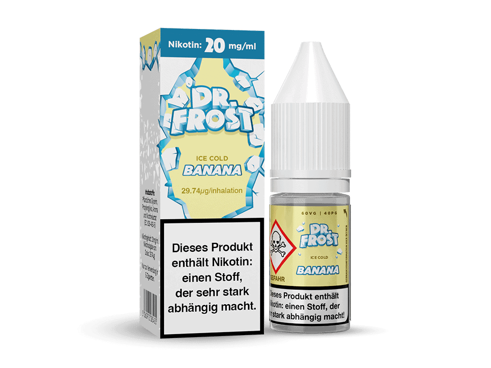 Dr. Frost - Ice Cold - Banana - Nikotinsalz Liquid 1 Nikotinfreies E-Liquid Dr. Frost Banane, 20 mg/ml, inklusive Verpackung, für E-Zigaretten, Geschmack: Banane, mit Warnhinweis, höchstmögliche Qualität, Sichtbar im Produkt-Display, geeignet für Dampfer, für mentholfreie Dampferfahrungen, hochwertige Inhaltsstoffe, innovatives Design, für erfahrene Nutzer, moderne Verpackung, 60 VG, 40 PG, in praktischer Packung.
