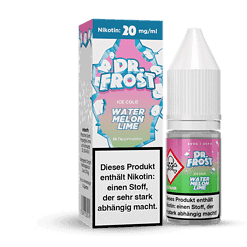 Fruchtige E-Liquid Flasche mit Wassermelone, Limette und Eis, für E-Zigaretten, auf weißem Hintergrund.