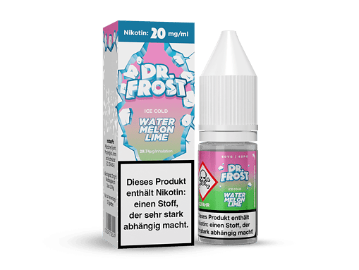 Fruchtige E-Liquid Flasche mit Wassermelone, Limette und Eis, für E-Zigaretten, auf weißem Hintergrund.