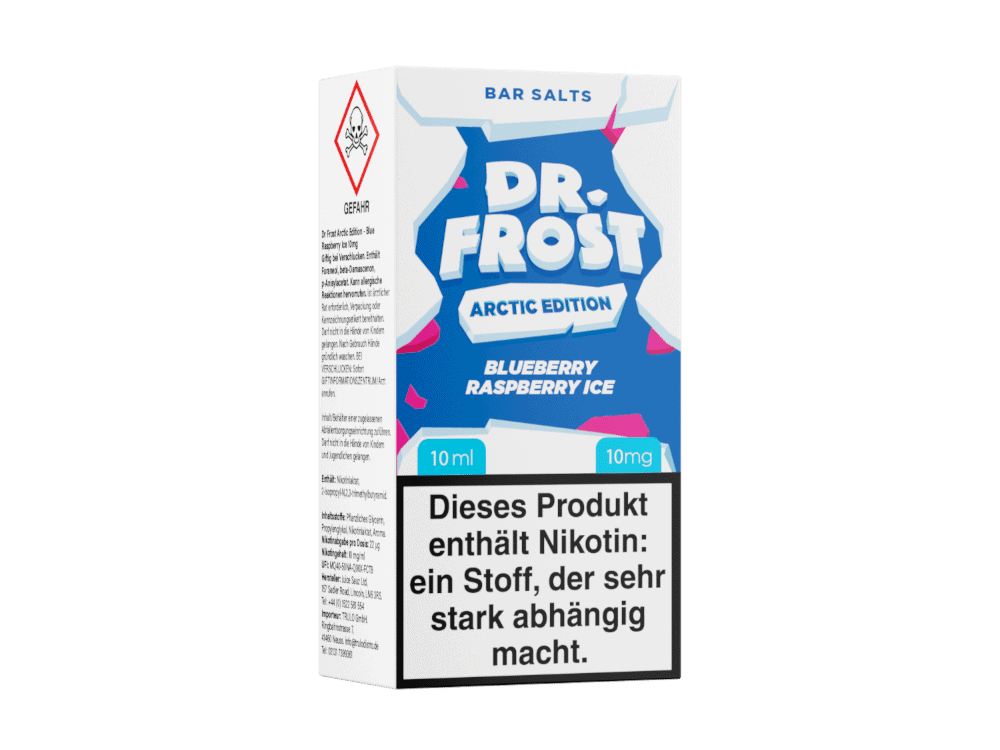 Dr. Frost - Arctic Edition - Blueberry Raspberry Ice Nikotinsalz Liquid 1 Blueberry Raspberry ICE E-Liquid Dr. Frost Arctic Edition, 10ml, 10mg, mit Nikotin, für E-Zigaretten, in auffälliger Verpackung, empfiehlt sich für Vapefans.