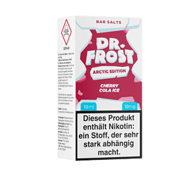 Stylvolle Dr. Frost Arctic Edition E-Liquid Verpackung, Cherry Cola Ice Geschmack, 10 ml Flasche, nikotinhaltig, für E-Zigaretten geeignet.