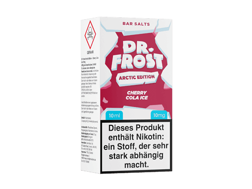 Stylvolle Dr. Frost Arctic Edition E-Liquid Verpackung, Cherry Cola Ice Geschmack, 10 ml Flasche, nikotinhaltig, für E-Zigaretten geeignet.