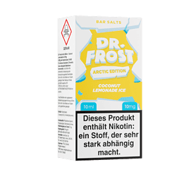 Frisches Dr. Frost Arctic Edition Kokos-Limonade-Eis mit Nikotin, 10ml, 10mg, für E-Zigaretten, Geschmack: Kokosnuss und Zitrone, in einzigartiger Verpackung.