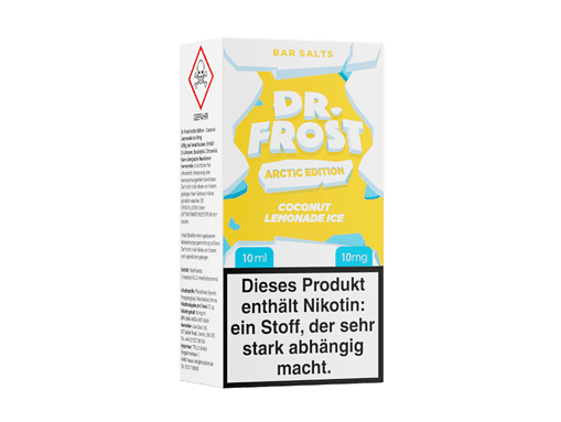 Frisches Dr. Frost Arctic Edition Kokos-Limonade-Eis mit Nikotin, 10ml, 10mg, für E-Zigaretten, Geschmack: Kokosnuss und Zitrone, in einzigartiger Verpackung.