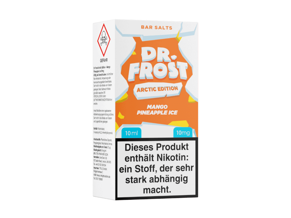 Dr. Frost - Arctic Edition - Mango Pineapple Ice Nikotinsalz Liquid 1 Frisch bakendes Kaugummipapier in orange, weiß, blaue und gelbe Farben mit Blick auf das Verpackungsdesign.
