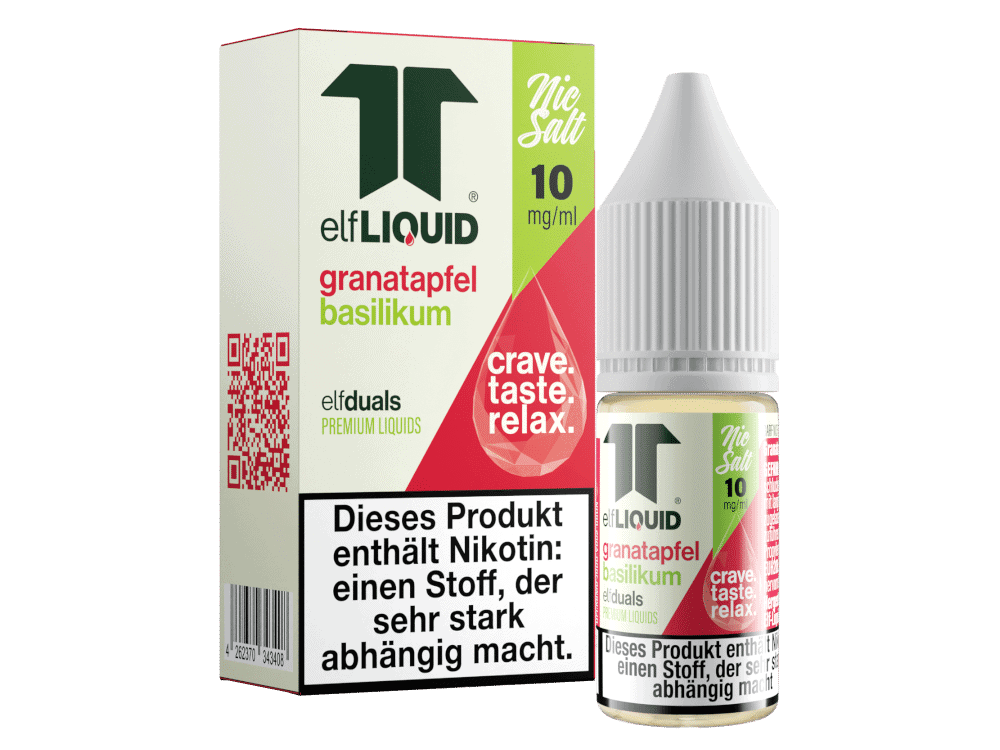 Elf-Liquid - Dual - Granatapfel-Basilikum Nikotinsalz Liquid 1 ElfLIQUID Granatapfel Basilikum Nikotinfrei, 10 mg/ml, Vape-Flüssigkeit für E-Zigaretten, Aroma, nikotinfrei, belebender Geschmack, einfache Anwendung, Hochwertige Premium Liquids, ideal für Dampfer, medizinische Qualität, Shop LETZ Go.