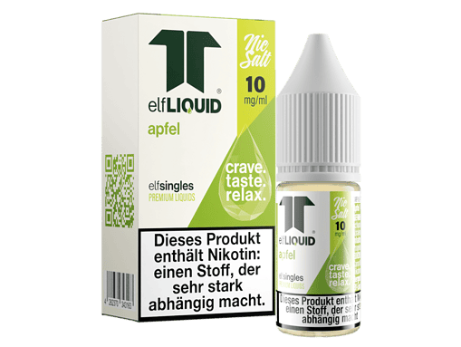 Apfel-Nikotin-Liquid in Flasche und Verpackung, aromatisiert mit echter Apfelnote, 10 mg/ml Nikotingehalt, für E-Zigaretten, rauchfrei, relax, Geschmackssensation.