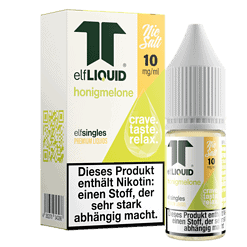 Honigmelone e-Liquid Flasche und Verpackung, nikotinfrei, für E-Zigaretten, Aroma für Dampfer, mit Hinweis auf Nikotinabhängigkeit.