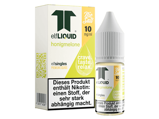 Honigmelone e-Liquid Flasche und Verpackung, nikotinfrei, für E-Zigaretten, Aroma für Dampfer, mit Hinweis auf Nikotinabhängigkeit.
