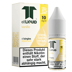 Elfliquid Vanille E-Liquid Flasche und Verpackung, 10mg/ml Nikotinstärke, aromatisiertes E-Liquid für E-Zigaretten, nicotine salt, Relax, Geschmack: Vanille, Premium Liquids.