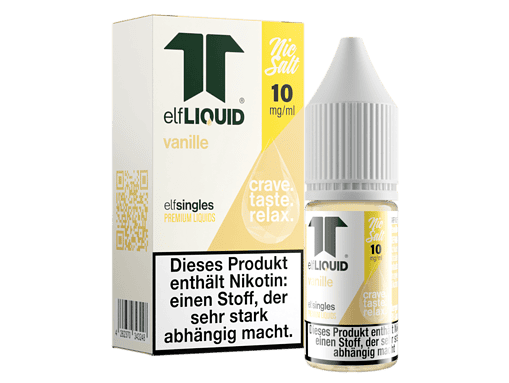 Elfliquid Vanille E-Liquid Flasche und Verpackung, 10mg/ml Nikotinstärke, aromatisiertes E-Liquid für E-Zigaretten, nicotine salt, Relax, Geschmack: Vanille, Premium Liquids.
