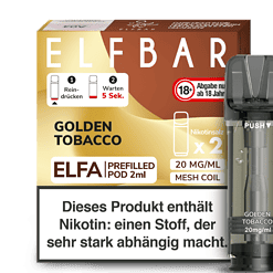 ELFA E-Zigarette Pod mit Goldentabak Geschmack, 20 mg/ml Nikotingehalt, Mesh Coil, 2er Pack, geeignet für Erwachsene, einfaches Aufladen, ideal für Einsteiger und erfahrene Dampfer.