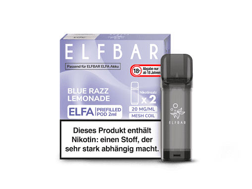 Elfbär ELFA Prefilled Pod Blue Razz Lemonade, 2ml, nikotinhaltig, Mesh Coil, geeignet für ELFBAR ELFA Akku, 20 mg/ml, für Erwachsene ab 18 Jahren, aromatischer E-Zigaretten-Vape.