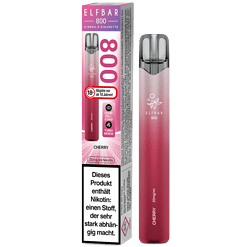 Elfbär 800 Einweg E-Zigarette Cherry, pinkes Design, nikotinhaltig, mit Turbo-Modus, für Erwachsene, mit Warnhinweis auf Verpackung.