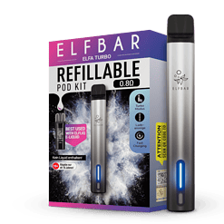 Refillbarer elfbarturbo Vape Pod Kit mit LED-Anzeige, schnellem Laden und Turbo-Modus, ideal für elfliquid, kabelloses Aufladen, Schwarz-Silber, für hochwertige Dampferlebnisse.