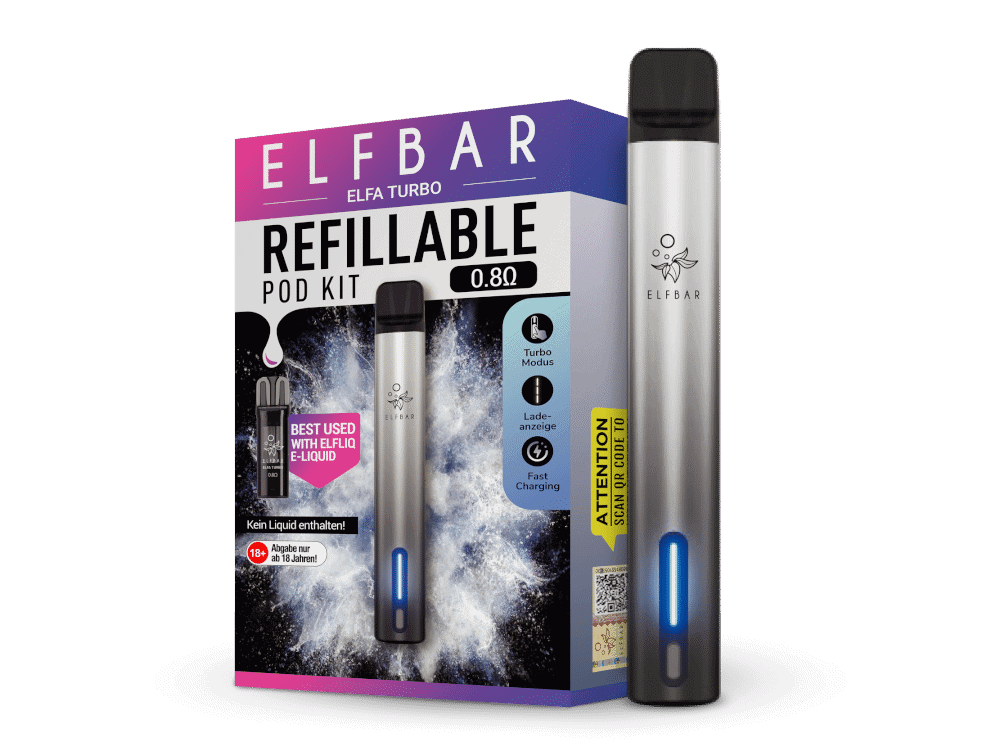 Elfbar Elfa Turbo E-Zigaretten Set 1 Refillbarer elfbarturbo Vape Pod Kit mit LED-Anzeige, schnellem Laden und Turbo-Modus, ideal für elfliquid, kabelloses Aufladen, Schwarz-Silber, für hochwertige Dampferlebnisse.