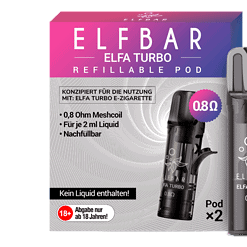 ELFBAR ELFA TURBO wiederaufladbarer Pod, 0,8 Ohm Meshcoil, für 2 ml Liquid, kompatibel mit Elfa Turbo E-Zigarette, ohne enthaltenes Liquid, ideal für Erwachsene ab 18 Jahren.