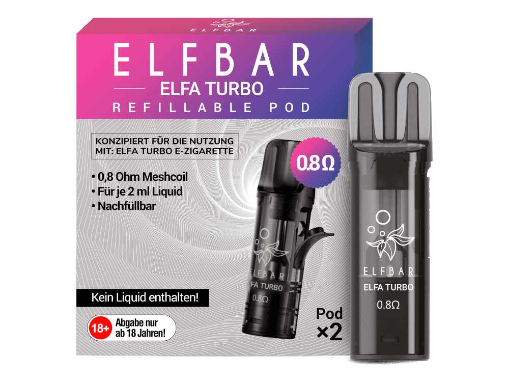 Elfbar Elfa Turbo Pod 0,8 Ohm 1 ELFBAR ELFA TURBO wiederaufladbarer Pod, 0,8 Ohm Meshcoil, für 2 ml Liquid, kompatibel mit Elfa Turbo E-Zigarette, ohne enthaltenes Liquid, ideal für Erwachsene ab 18 Jahren.