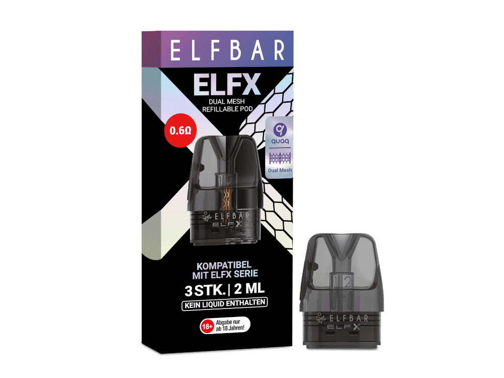 Elfbar Elfx Pod 1 Mini-Refill-Pod für ELFBAR ELF X, kompatibel mit der ELF-Serie, 2 ml, ohne Flüssigkeit, doppelseitiges Mesh, geeignet für E-Zigaretten, Schwarz.
