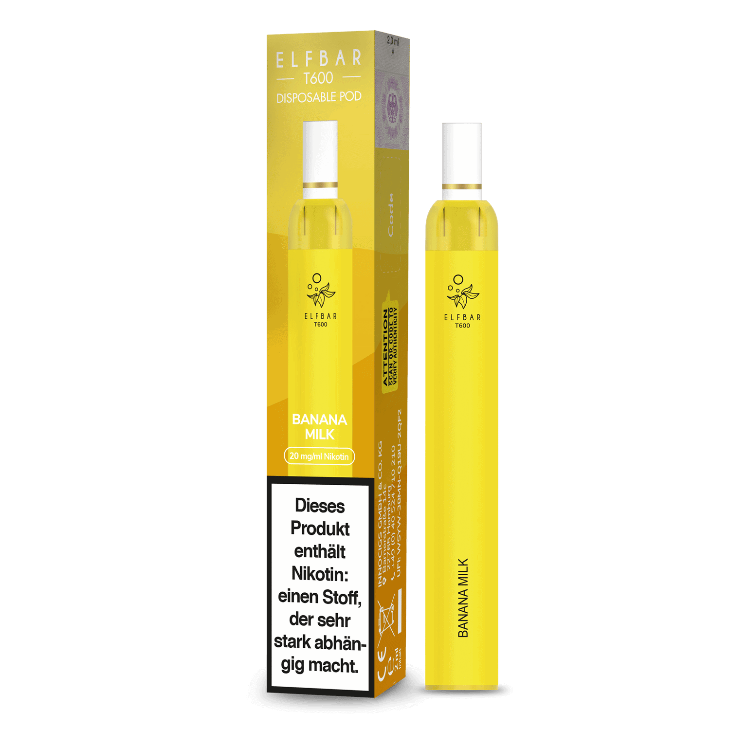 ELFBAR T600 Einweg E-Zigarette - 20mg/ml 1 Hochwertiges Elfbär T600 Vape-Pod mit Bananen-Milch Geschmack, 20 mg/ml Nikotin, inklusive Verpackung, für unkompliziertes Dampfen, wohlriechender Geschmack, innovative Liquid-Formel, für Genießer und Umsteiger.