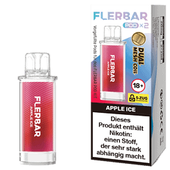 Knisternde, pinkfarbene Flerbar Pod für den Dampfgenuss, geeignet für Apple Ice Geschmack, in Verpackung mit Warnhinweis zu Nikotin und 18+ Altersfreigabe, ideal für E-Zigaretten.