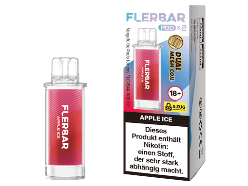 Knisternde, pinkfarbene Flerbar Pod für den Dampfgenuss, geeignet für Apple Ice Geschmack, in Verpackung mit Warnhinweis zu Nikotin und 18+ Altersfreigabe, ideal für E-Zigaretten.