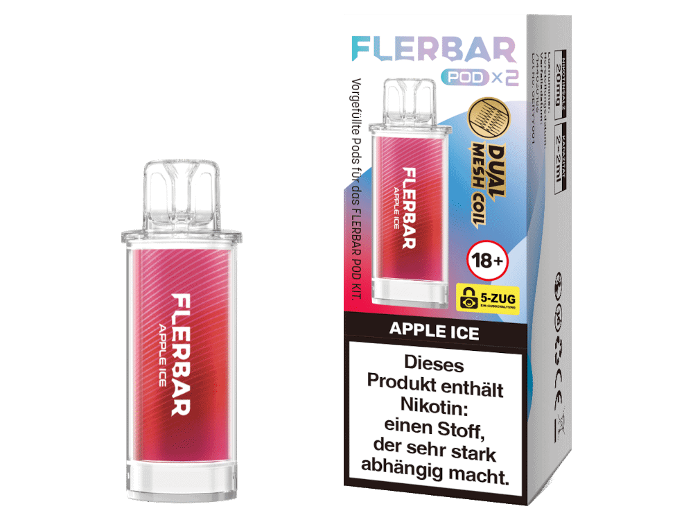 Flerbar POD 1 Knisternde, pinkfarbene Flerbar Pod für den Dampfgenuss, geeignet für Apple Ice Geschmack, in Verpackung mit Warnhinweis zu Nikotin und 18+ Altersfreigabe, ideal für E-Zigaretten.