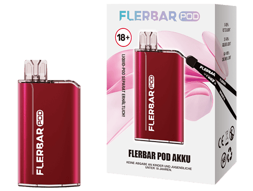 Flerbar Pod Akku in Rot, tragbares Vape-Gerät mit 18+ Altersfreigabe, inklusive Ladekabel, kompakte elektronische Zigarette, modernes Design für bewussten Genuss.