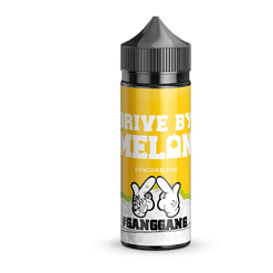 Bienenwaben Honigmelone E-Liquid in Gelb mit Fanta-Design und "Drive by Melon" Schriftzug, für Vape-Dampfer.