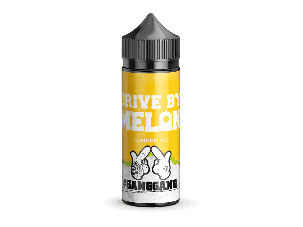GangGang - Aroma Drive by Melon 1 Bienenwaben Honigmelone E-Liquid in Gelb mit Fanta-Design und "Drive by Melon" Schriftzug, für Vape-Dampfer.