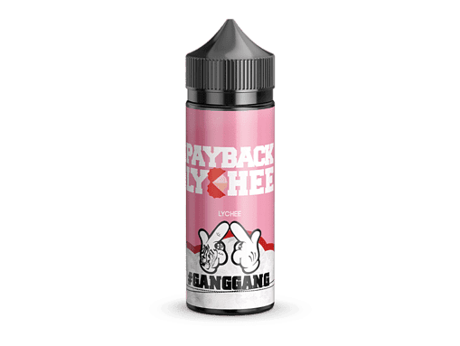 Lychee Aromen-Vapeöl im Fläschchen mit "#GANG GANG" Design und Finger-Motiv, perfekt für Dampfer und E-Zigaretten, attraktiver Geschmack, hochwertiges E-Liquid für genussvolles Dampfen.