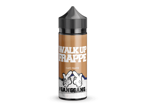 Likör- oder E-Liquid-Behälter mit "WalkUp Grape" Coffee Frappé Design, schwarze Dosierkappen, trendiges Streetwear-Design, ideal für E-Zigaretten, ansprechendes Produktfoto, Fokus auf Verpackung, modernes Lifestyle-Produkt.