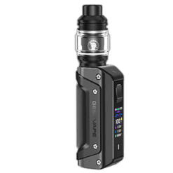 Vape-Gerät mit digitalem Display, schwarze und silberne Details, moderne Bauweise, handlich und vielseitig.