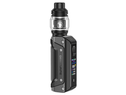 Vape-Gerät mit digitalem Display, schwarze und silberne Details, moderne Bauweise, handlich und vielseitig.