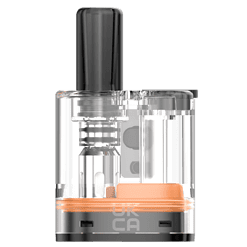 - Bild eines transparenten Vapes oder E-Zigarettentanks mit schwarzem Mundstück und orangefarbenem Dichtungsring, isoliert auf grauem Hintergrund.