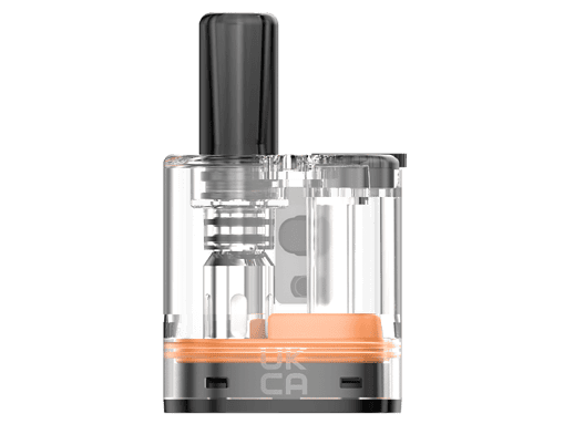 - Bild eines transparenten Vapes oder E-Zigarettentanks mit schwarzem Mundstück und orangefarbenem Dichtungsring, isoliert auf grauem Hintergrund.