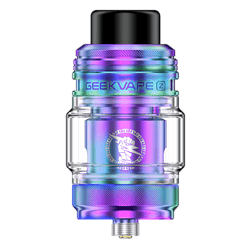Glitch-Effekt Vape-Tank in multifarbener, metallic Optik mit "GEEKVAPE" Branding und geeky Drache-Logo, moderne Design, transparenter Glasbehälter, für E-Zigaretten, hochwertiges Zubehör, langlebig und stylisch.