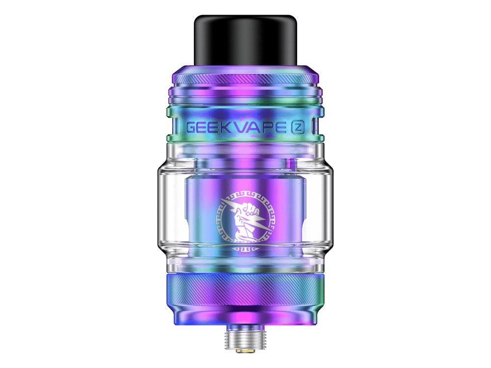 GeekVape Z Fli Clearomizer Set 1 Glitch-Effekt Vape-Tank in multifarbener, metallic Optik mit "GEEKVAPE" Branding und geeky Drache-Logo, moderne Design, transparenter Glasbehälter, für E-Zigaretten, hochwertiges Zubehör, langlebig und stylisch.