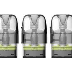 3. Drei farblich abgestimmte Pod-Systeme für E-Zigaretten in einem Bild, präsentiert auf hellem Hintergrund.